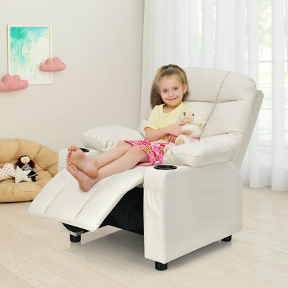 PU Leather Kids Recliner Chair with Cup Holder and Footrest Beige