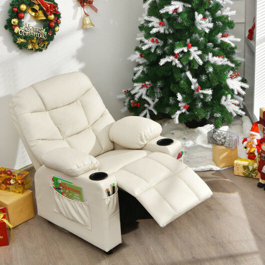 PU Leather Kids Recliner Chair with Cup Holder and Footrest Beige