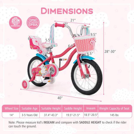 14 Inch Girls Bike with Doll Seat and Basket for 3-5 Years Olds Pink