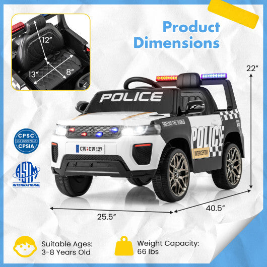 12V Kids Ride on Police Car with Remote and Siren Flashing Lights-White - Color: White