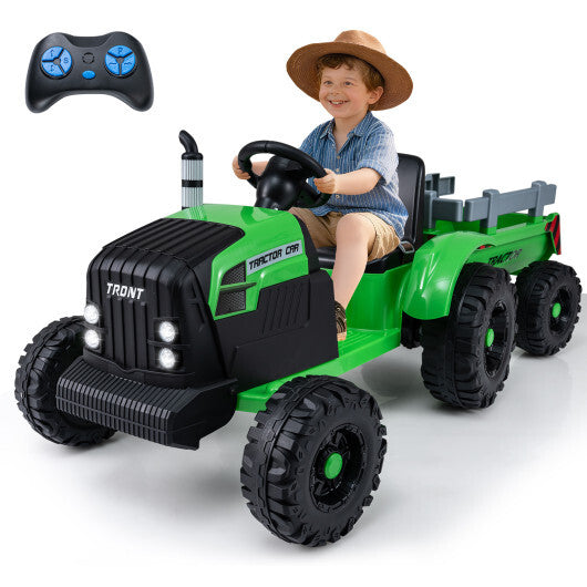 24V Ride On Tractor for Kids Electric Vehicle with Detachable Trailer and Remote Control-Green - Color: Green