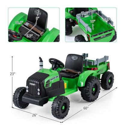 24V Ride On Tractor for Kids Electric Vehicle with Detachable Trailer and Remote Control-Green - Color: Green
