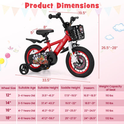 Costway 12 Inch Kids Bike Adjustable with Storage Basket and Double Brake for 3-4 Years Old-12 inches