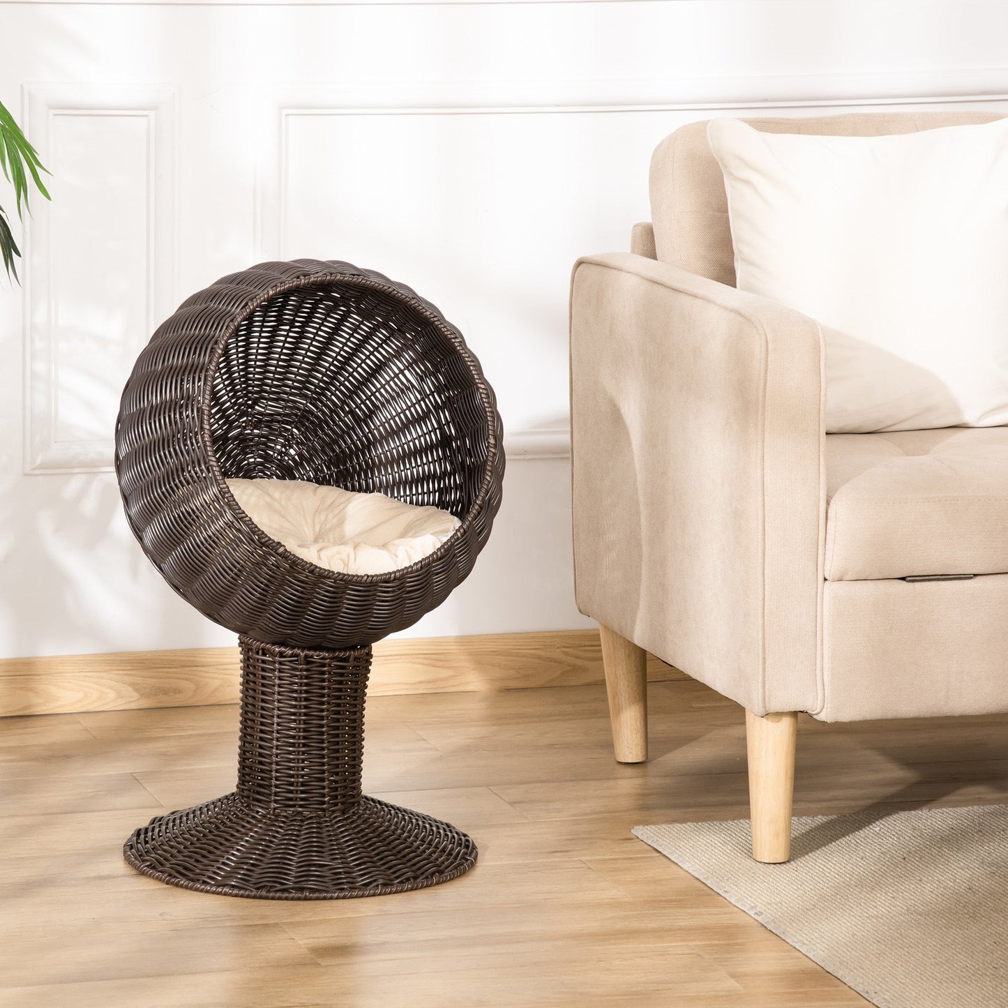Elevated Rotatable Egg-Shaped Cat Bed with Woven Grass Cushion