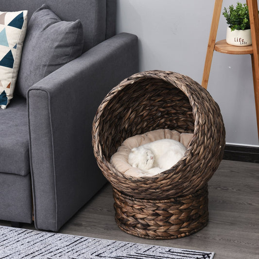 Handwoven Elevated Cat Bed with Rotating Basket and Cushion, Dark Gray