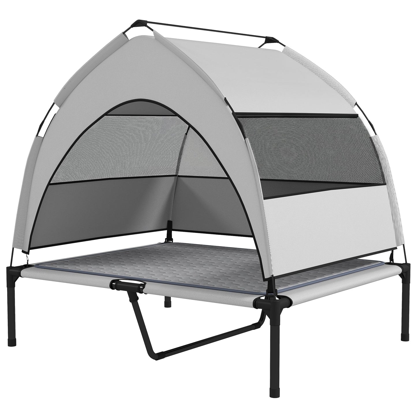 Elevated Light Gray Dog Bed with Removable Canopy & Cooling Pad
