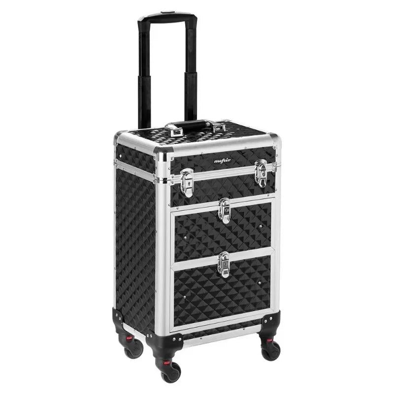 Aluminum Rolling Makeup Train Case, Portable Makeup Organizer Suitcase, Cosmetic Storage Box, Travel Beauty Luggage Trolley - Asmota