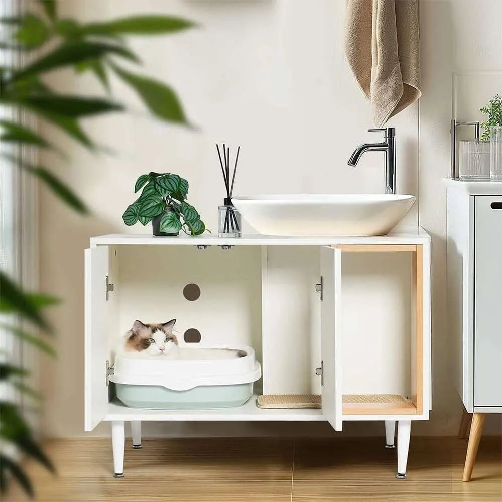AMZOSS 2 in 1 Vanity Enclosure, Bathroom Litter Box Furniture Hidden with Double Door and Divider, Wooden Cat Washroom Furniture, Traditional Under Sink Cabinet - Asmota