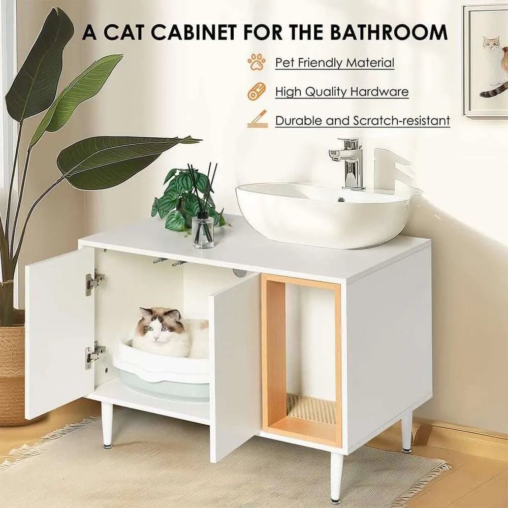 AMZOSS 2 in 1 Vanity Enclosure, Bathroom Litter Box Furniture Hidden with Double Door and Divider, Wooden Cat Washroom Furniture, Traditional Under Sink Cabinet - Asmota