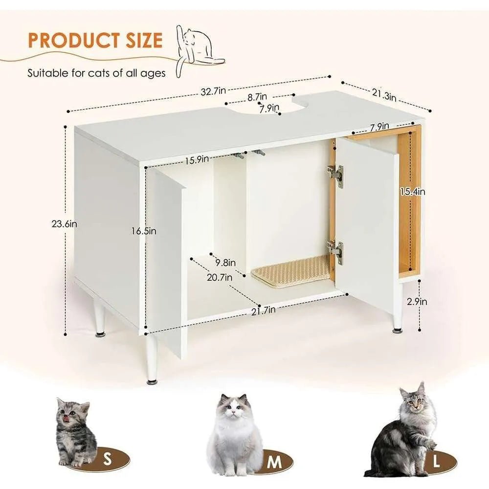 AMZOSS 2 in 1 Vanity Enclosure, Bathroom Litter Box Furniture Hidden with Double Door and Divider, Wooden Cat Washroom Furniture, Traditional Under Sink Cabinet - Asmota