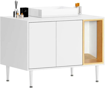AMZOSS 2 in 1 Vanity Enclosure, Bathroom Litter Box Furniture Hidden with Double Door and Divider, Wooden Cat Washroom Furniture, Traditional Under Sink Cabinet