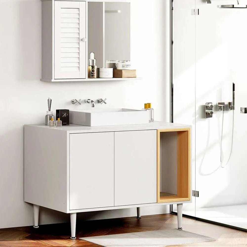 AMZOSS 2 in 1 Vanity Enclosure, Bathroom Litter Box Furniture Hidden with Double Door and Divider, Wooden Cat Washroom Furniture, Traditional Under Sink Cabinet - Asmota