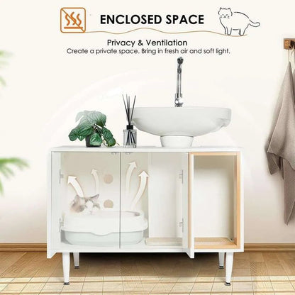 AMZOSS 2 in 1 Vanity Enclosure, Bathroom Litter Box Furniture Hidden with Double Door and Divider, Wooden Cat Washroom Furniture, Traditional Under Sink Cabinet - Asmota