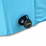 Asmota blue foldable dog swimming pool featuring a close-up view of the durable drain valve cap