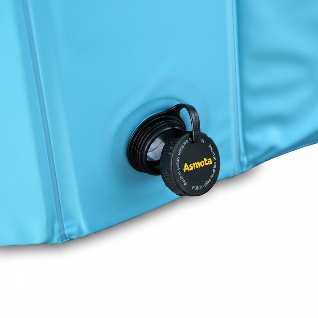 Asmota blue foldable dog swimming pool featuring a close-up view of the durable drain valve cap