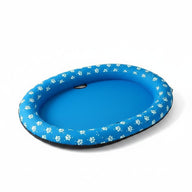 Asmota blue inflatable dog pool float with white paw print pattern, made of durable nylon oxford cloth and PVC.