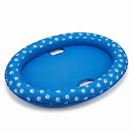 Asmota blue inflatable dog pool float with white paw print pattern, made of durable nylon and PVC for pet swimming.