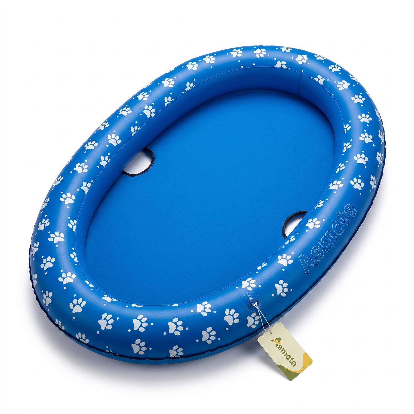 Asmota blue inflatable dog pool float with white paw print pattern and durable nylon oxford cover