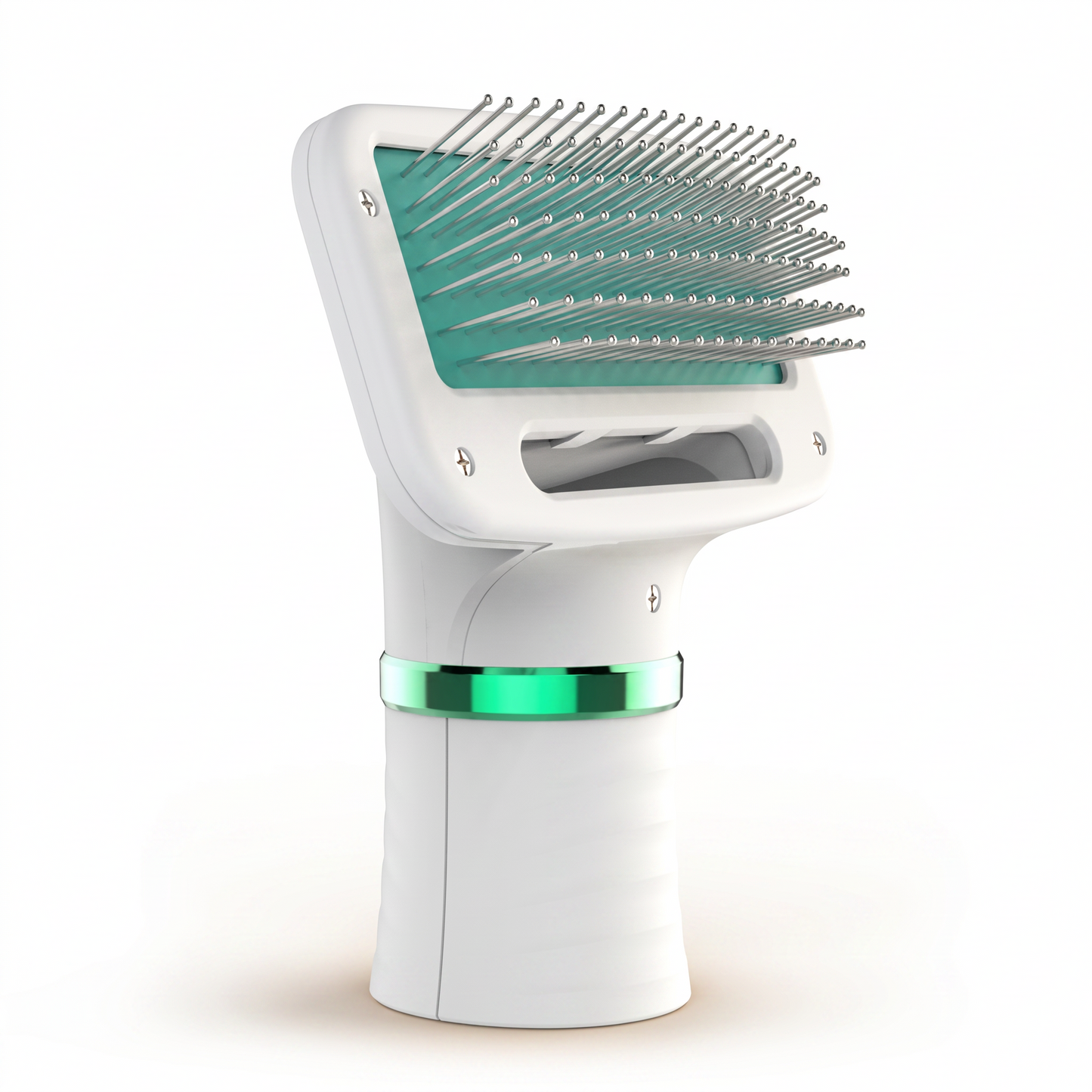 Asmota electric dog hair dryer comb with white plastic body, teal accent, and angled grooming bristles.