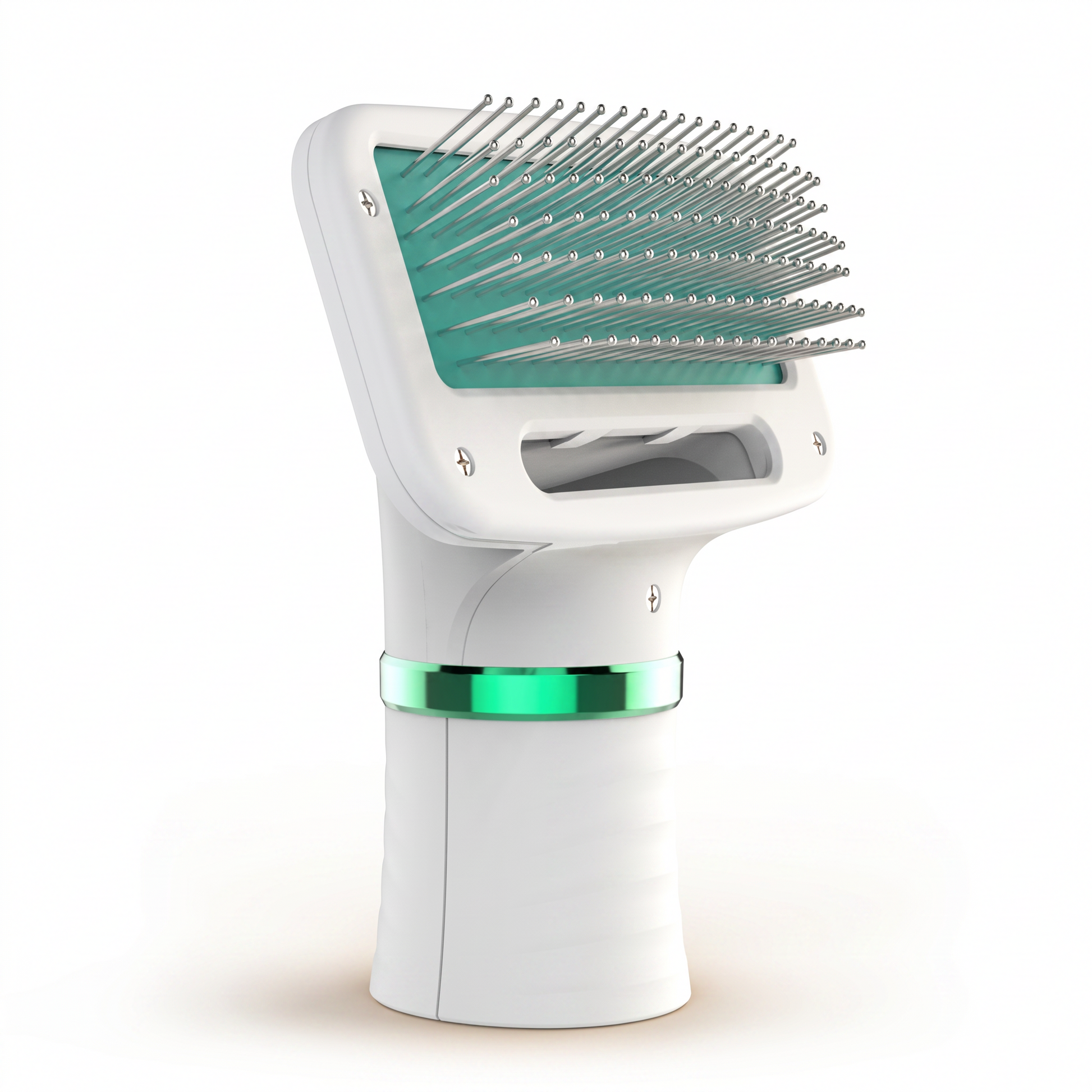 Asmota electric dog hair dryer comb with white plastic body, teal accent, and angled grooming bristles.