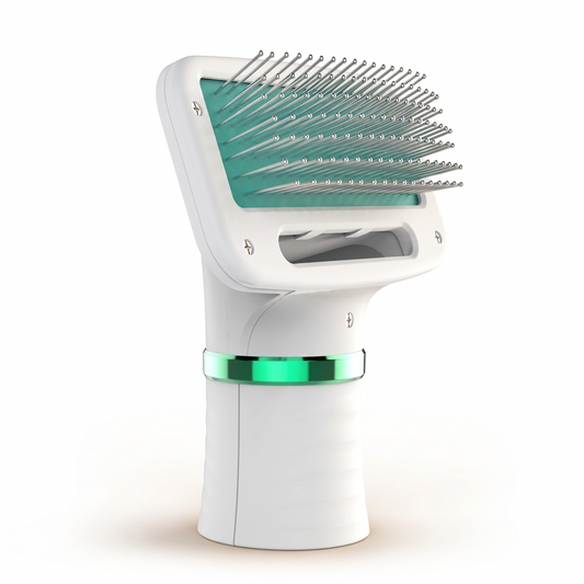 Asmota electric dog hair dryer comb with white plastic body, teal accent, and angled grooming bristles.