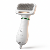 Asmota electric dog hair dryer comb in white with soft angled bristles and two-speed airflow settings for pet grooming.