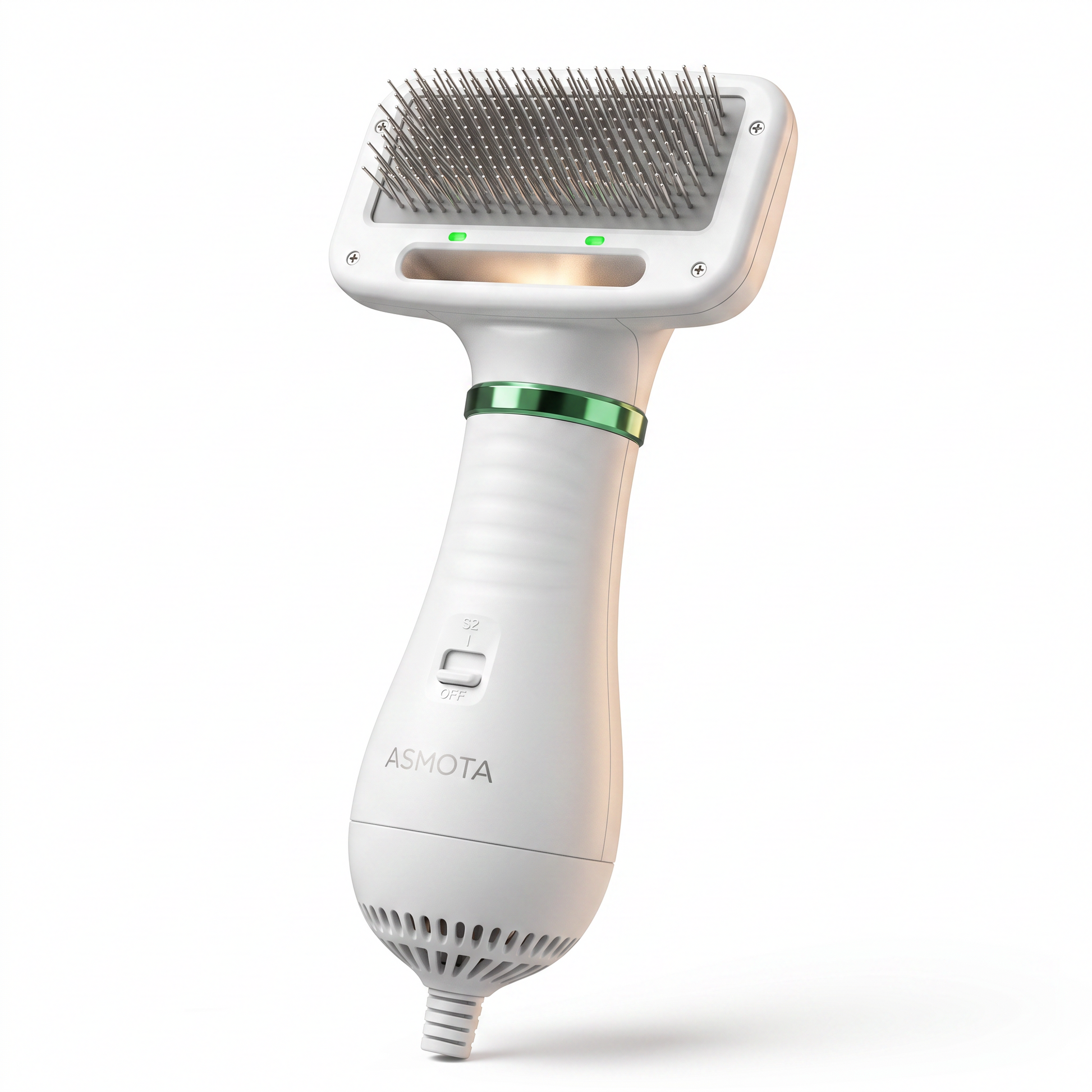 Asmota electric dog hair dryer comb in white with soft angled bristles and two-speed airflow settings for pet grooming.