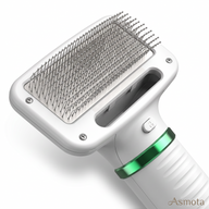 Asmota electric dog hair dryer comb with white plastic body, green accent, and soft angled grooming bristles.