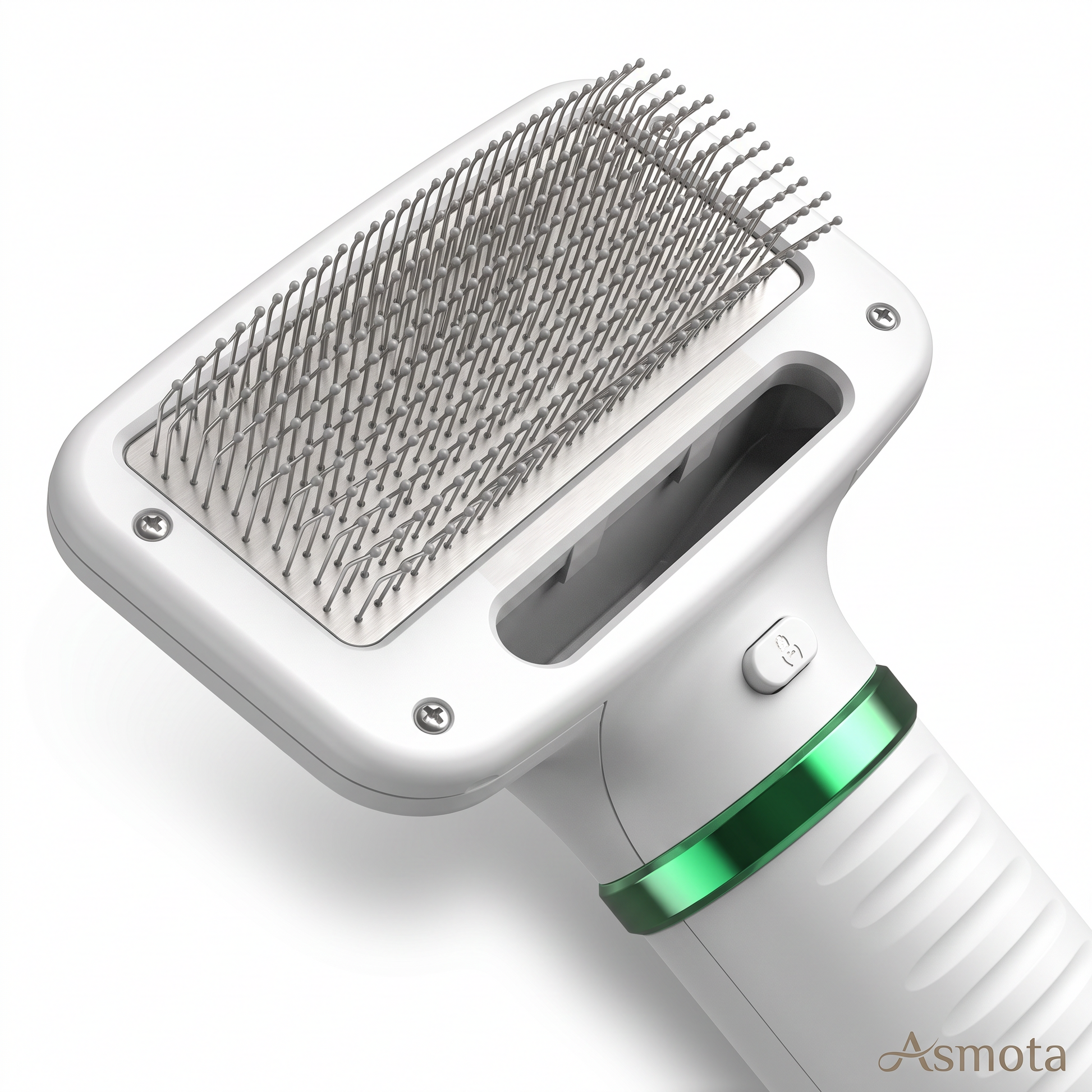 Asmota electric dog hair dryer comb with white plastic body, green accent, and soft angled grooming bristles.