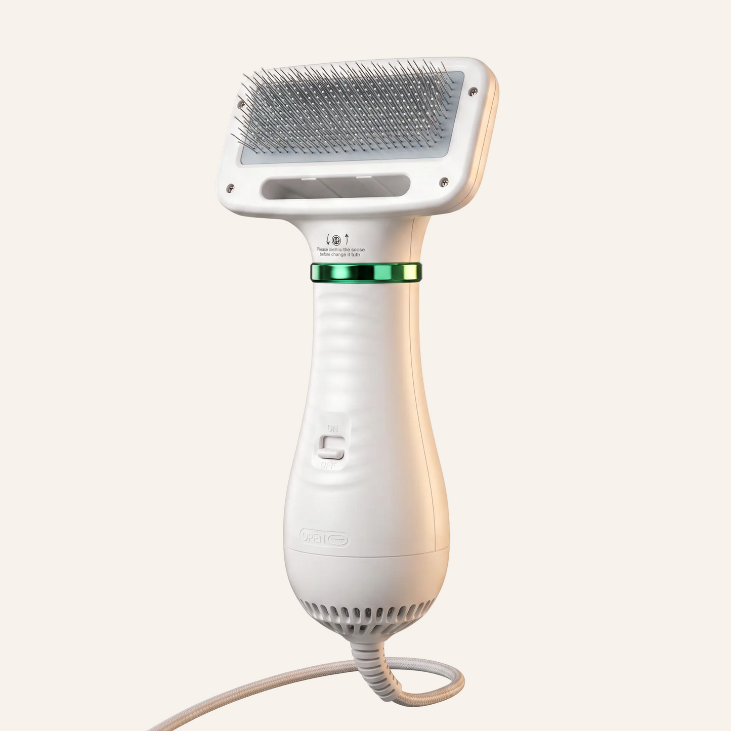 Asmota electric dog hair dryer comb with white plastic body, two-speed airflow, and gentle angled grooming bristles.