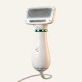 Asmota electric dog hair dryer comb with white plastic body, two-speed airflow, and gentle angled grooming bristles.