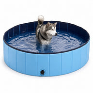 Asmota foldable blue PVC dog swimming pool with a husky standing inside on a white background
