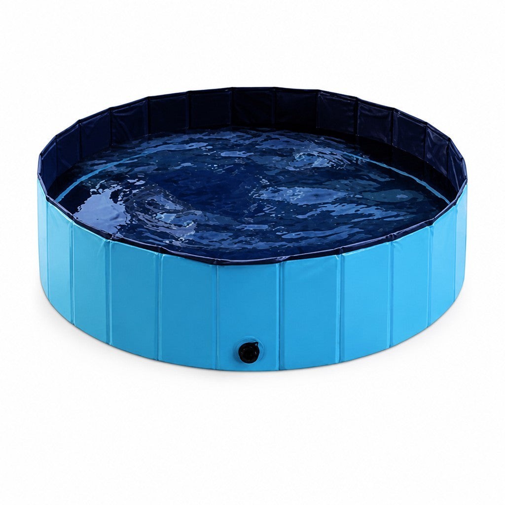 Asmota foldable blue PVC dog swimming pool with a non-slip bottom and drain valve for easy outdoor pet bathing