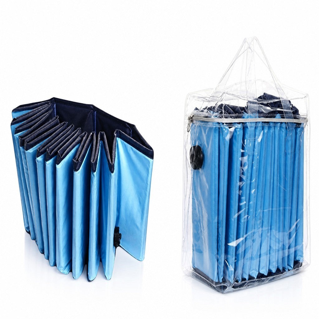 Asmota blue foldable pet swimming pool shown collapsed and packed in a clear storage bag for easy portability.