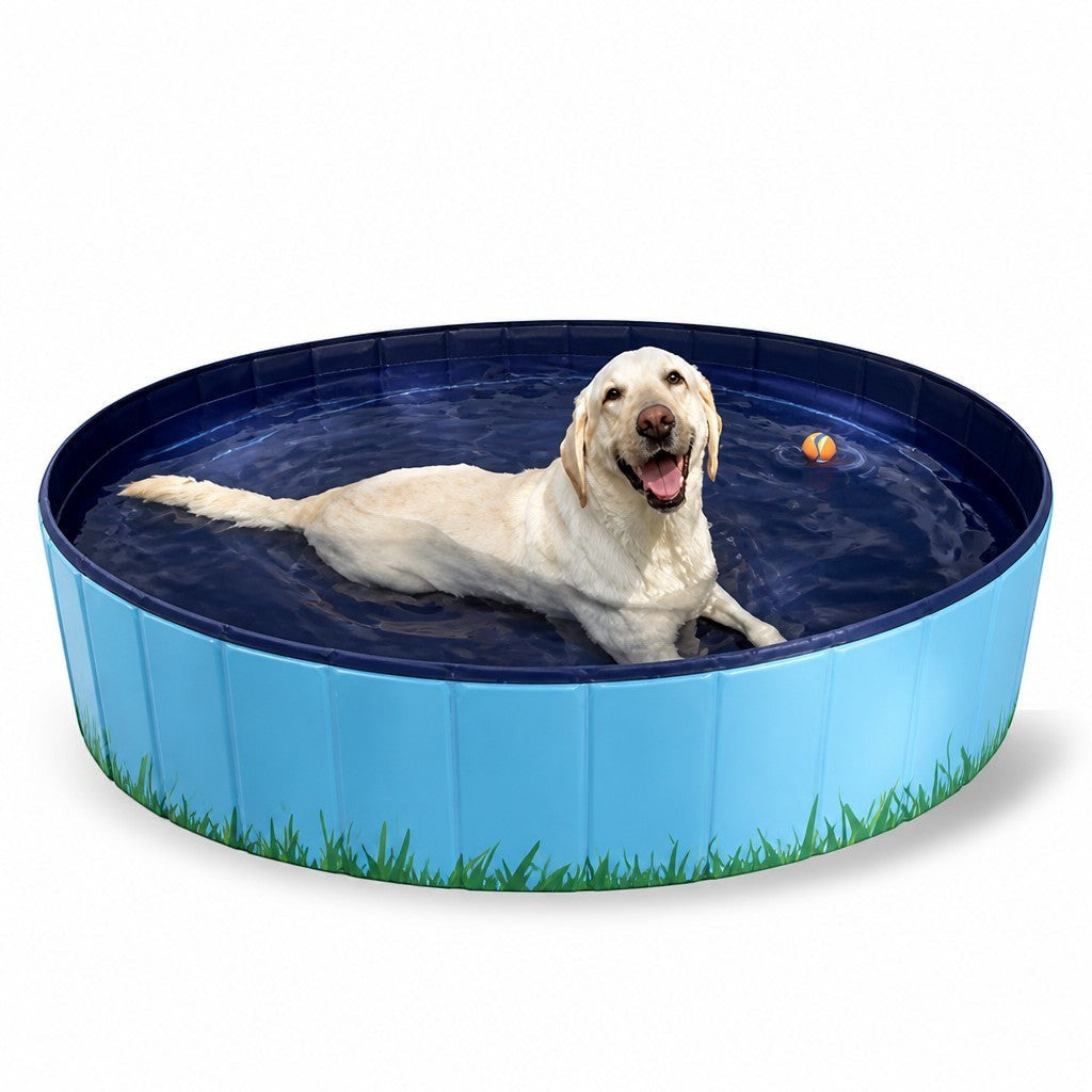 Asmota foldable dog swimming pool with a yellow Labrador playing in cool blue water in a backyard setting