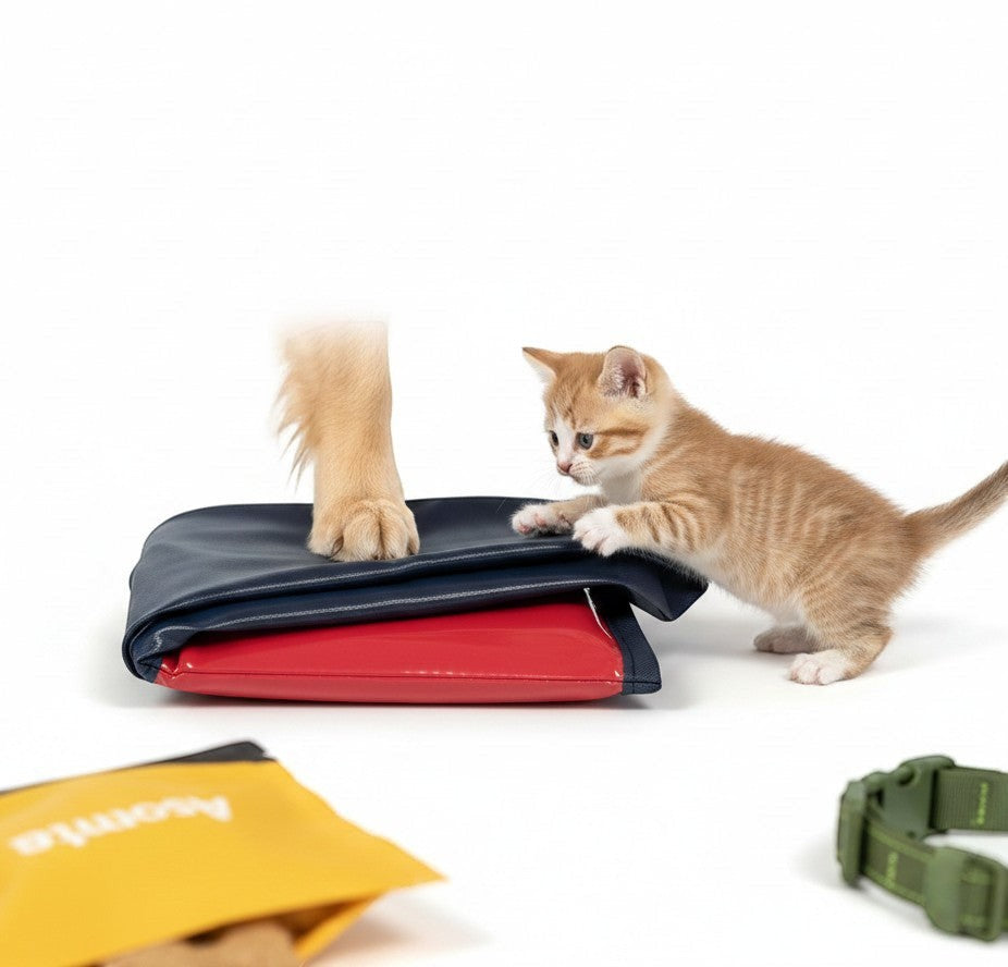 Asmota foldable pet pool folded flat with a kitten playing on top and a dog paw resting on the durable PVC material