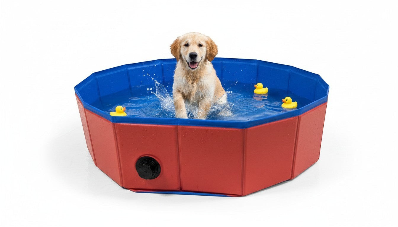 Asmota foldable pet swimming pool in red and blue with a golden retriever playing inside with yellow rubber ducks.