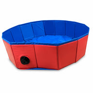 Asmota foldable red and blue PVC dog swimming pool with a side drain valve for easy water removal.