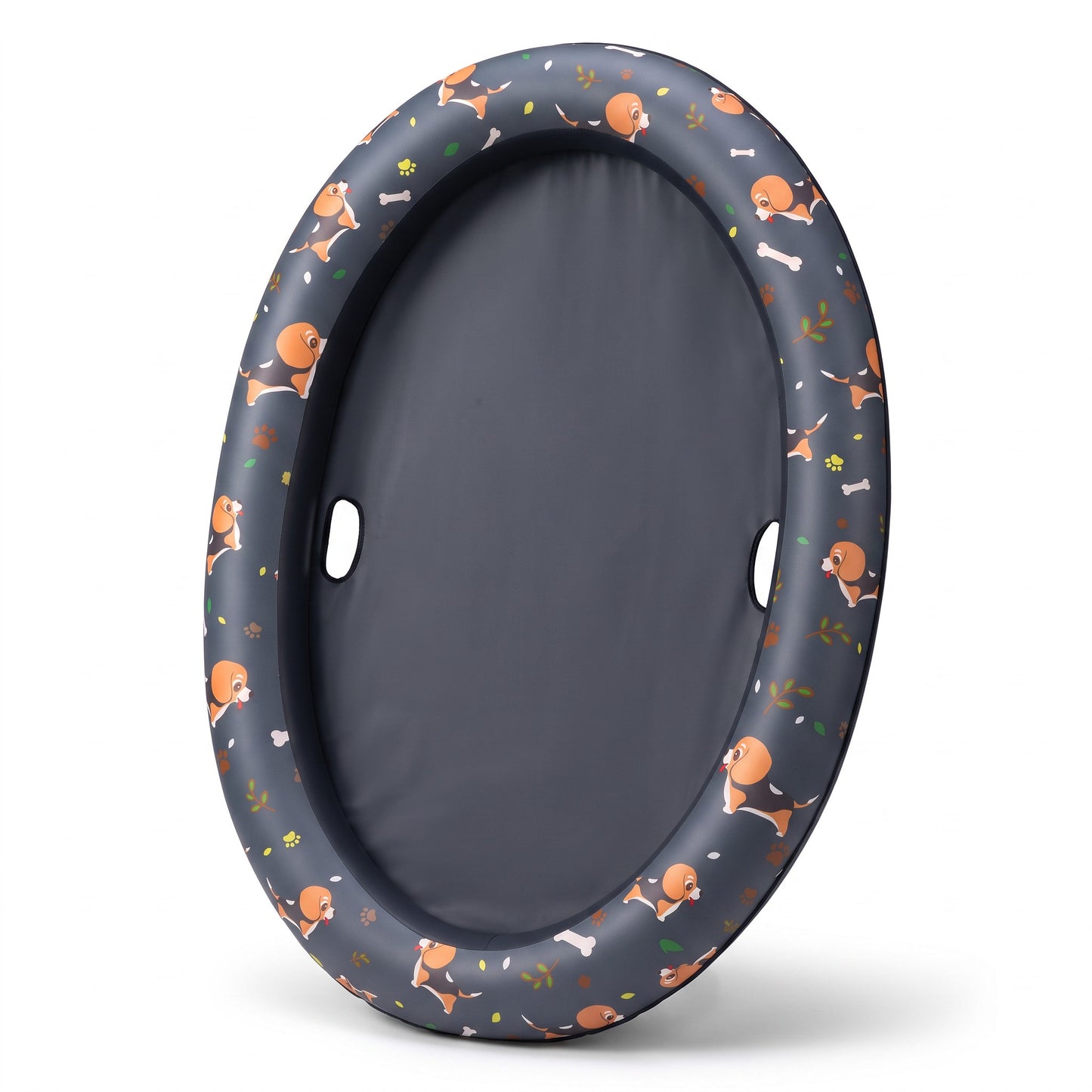 Asmota inflatable dog pool float with a dark grey beagle pattern, durable oxford cloth, and water drainage holes.