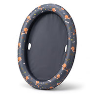 Asmota inflatable dog pool float with a dark grey beagle pattern, durable oxford cloth, and water drainage holes.