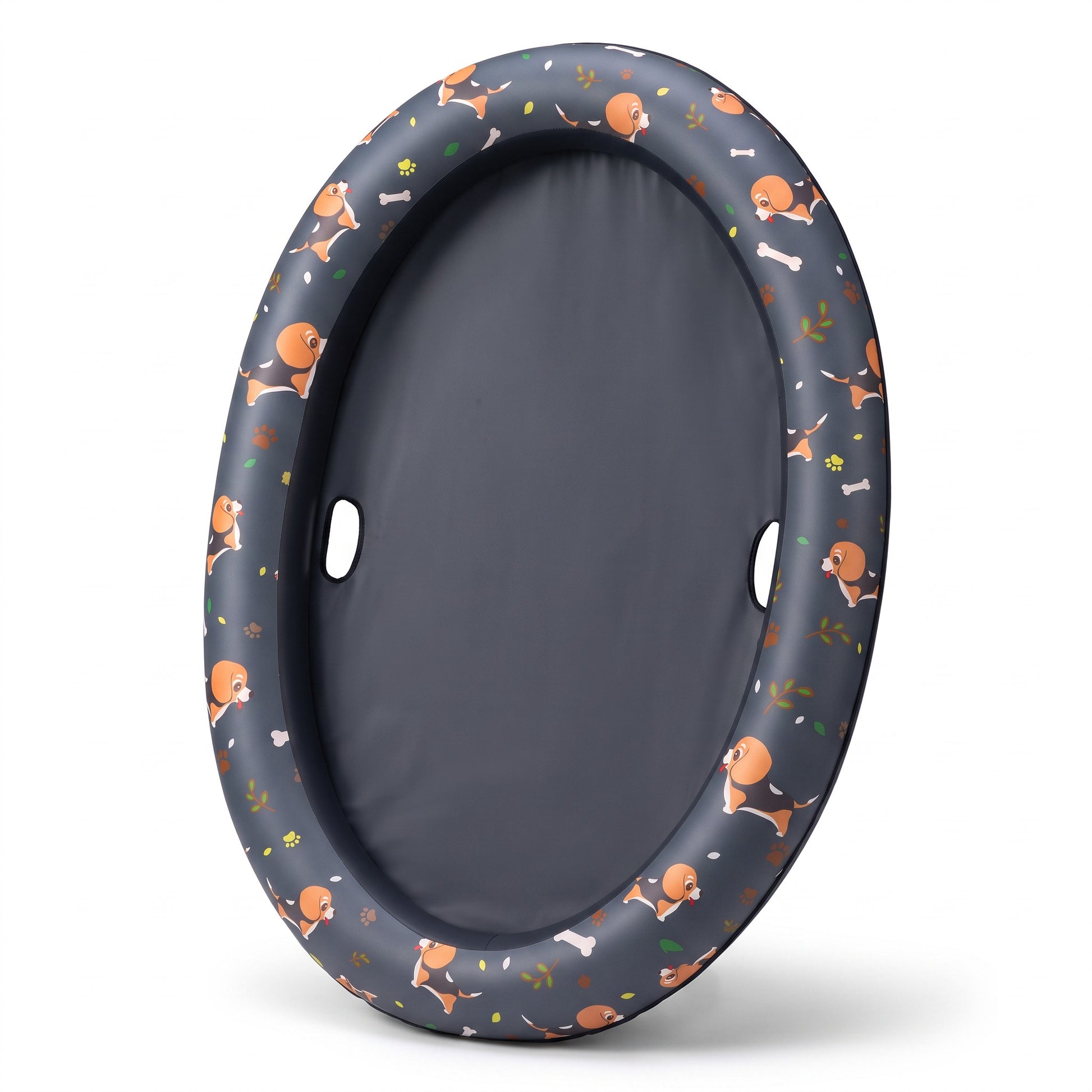 Asmota inflatable dog pool float with a dark grey beagle pattern, durable oxford cloth, and water drainage holes.
