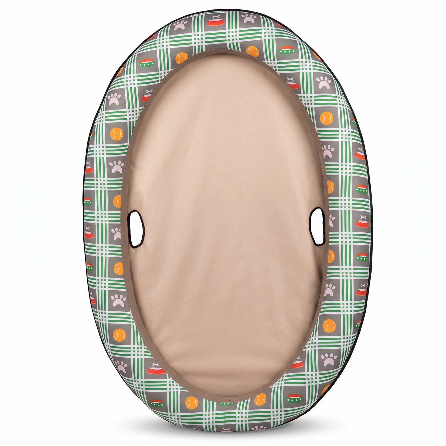 Asmota inflatable dog pool float with a green plaid pattern featuring paw prints and tennis balls on a white background
