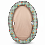 Asmota inflatable dog pool float with a green plaid pattern featuring paw prints and tennis balls on a white background