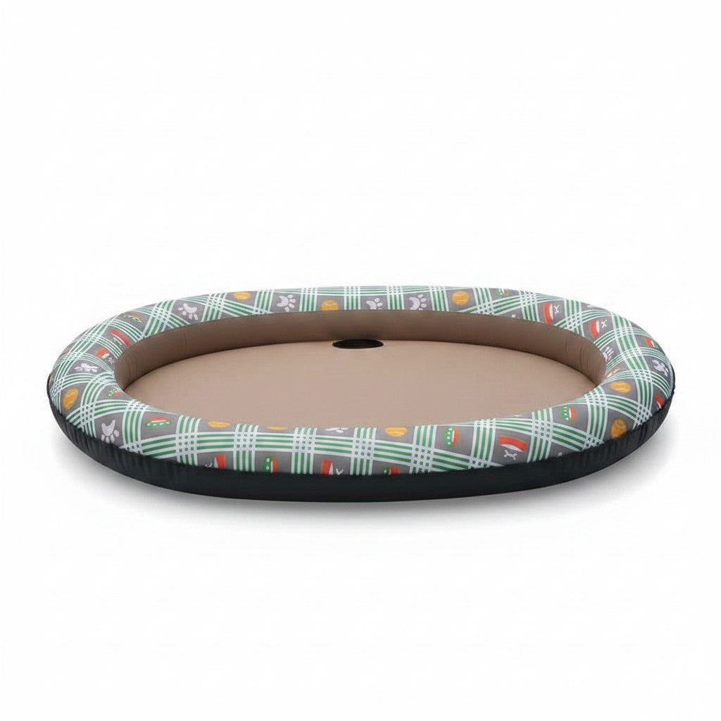 Asmota inflatable dog pool float with green plaid pattern and paw print design for summer water play