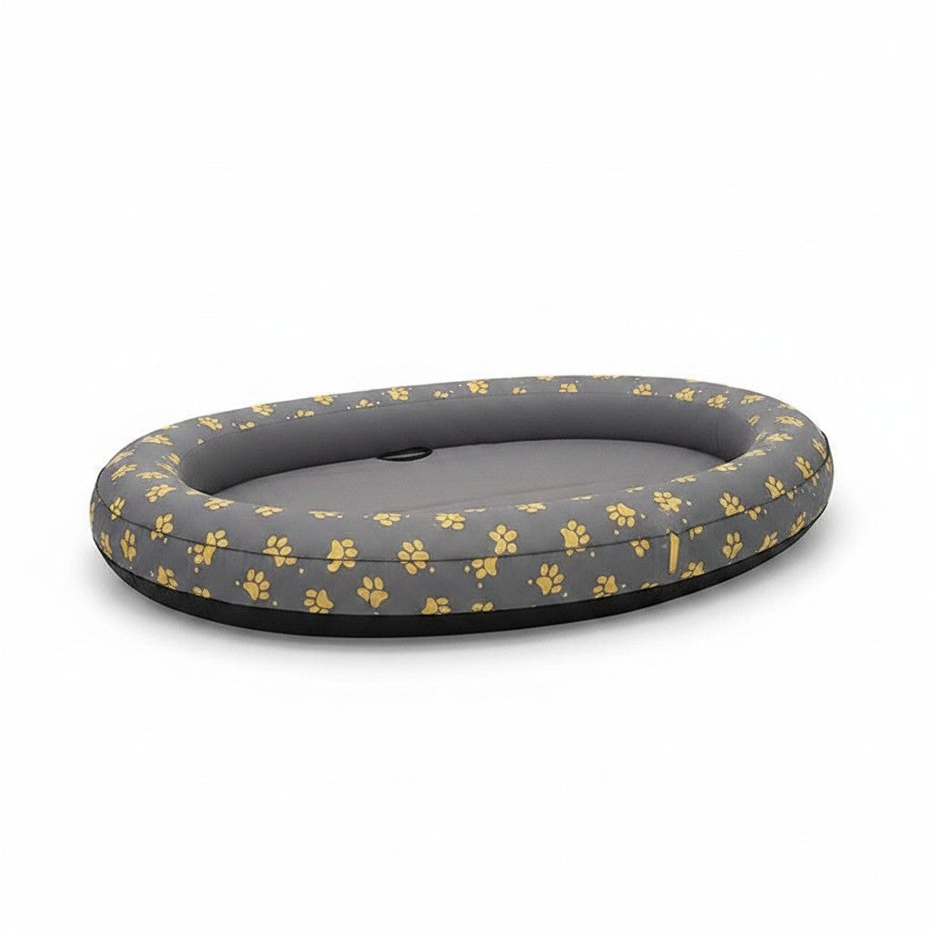 Asmota inflatable dog pool float with grey and yellow paw print pattern made of durable nylon oxford cloth