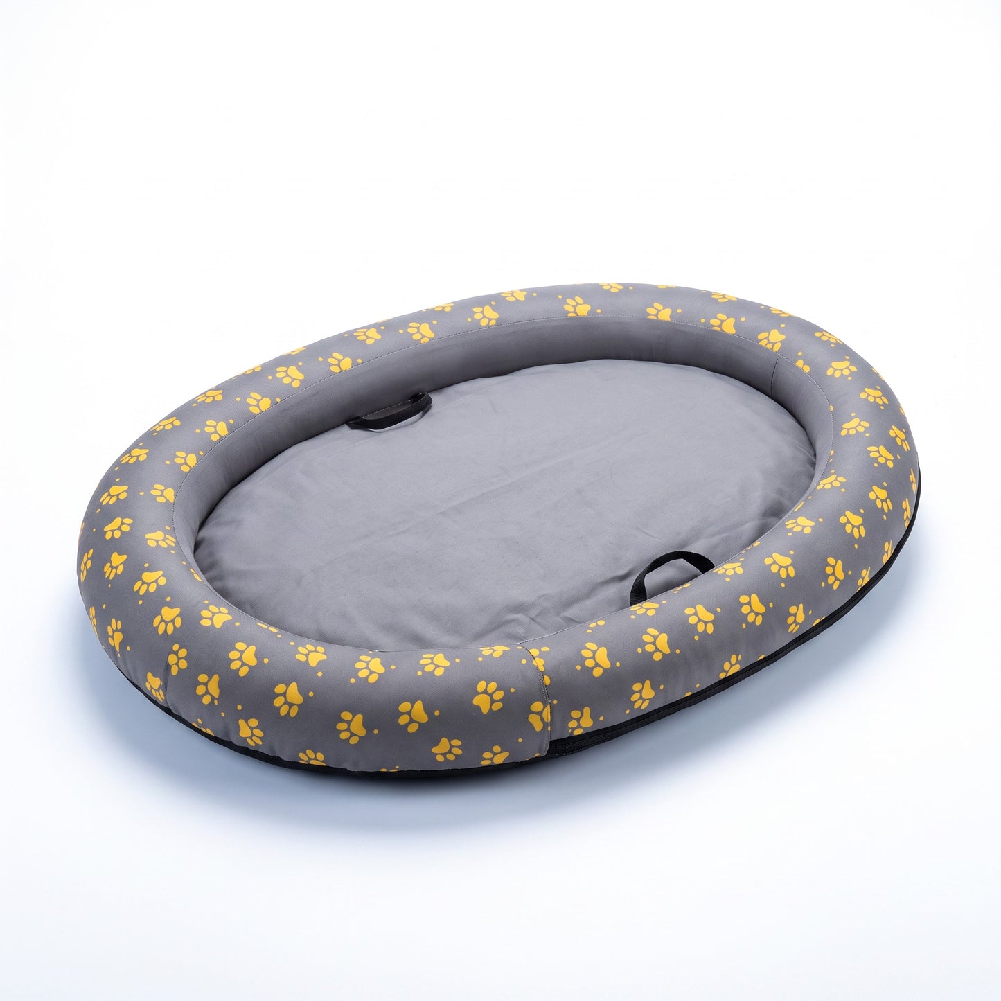 Asmota inflatable dog pool float with grey center and grey rim featuring yellow paw print patterns on a white background