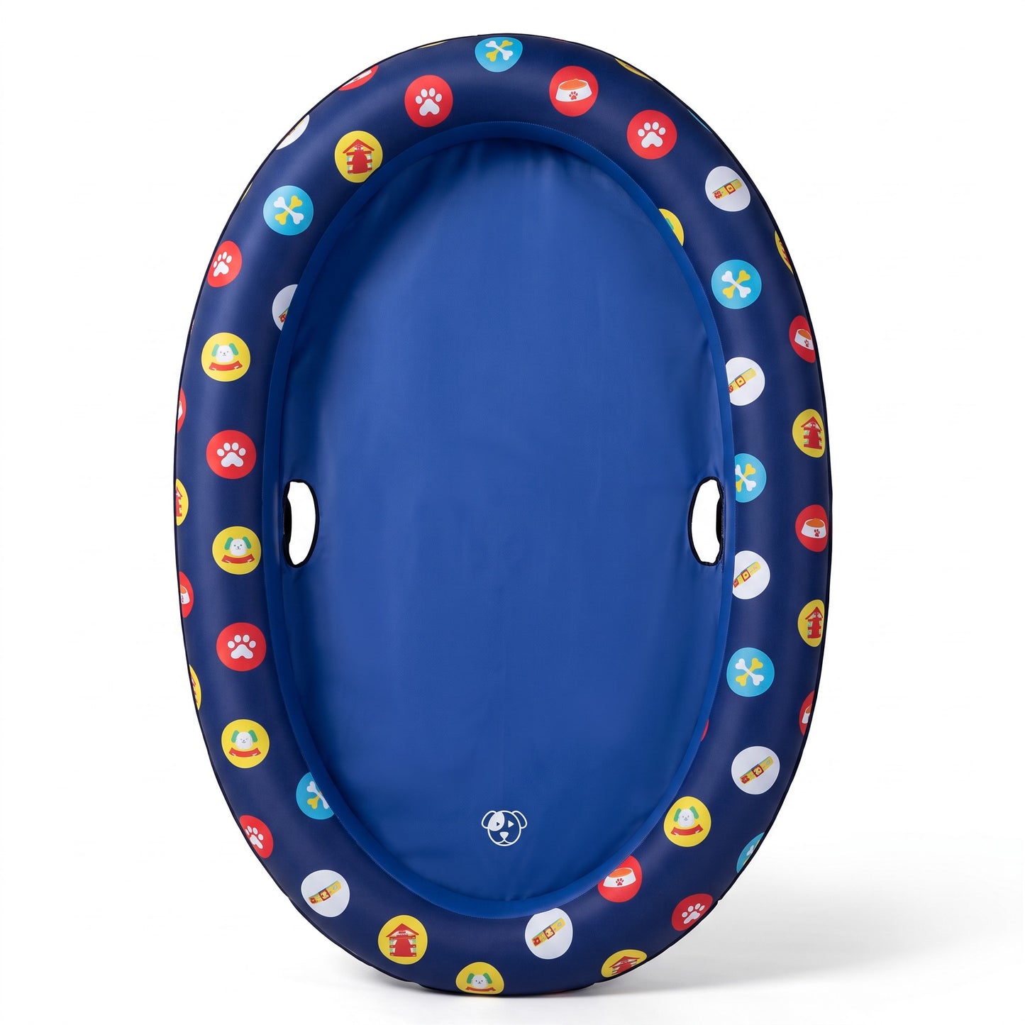 Asmota inflatable dog pool float with a blue center and a patterned rim featuring paw prints and pet-themed icons.