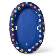 Asmota inflatable dog pool float with a blue center and a patterned rim featuring paw prints and pet-themed icons.