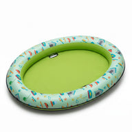 Asmota inflatable dog swimming pool float in green with a playful pet-themed pattern, made from durable nylon and PVC.
