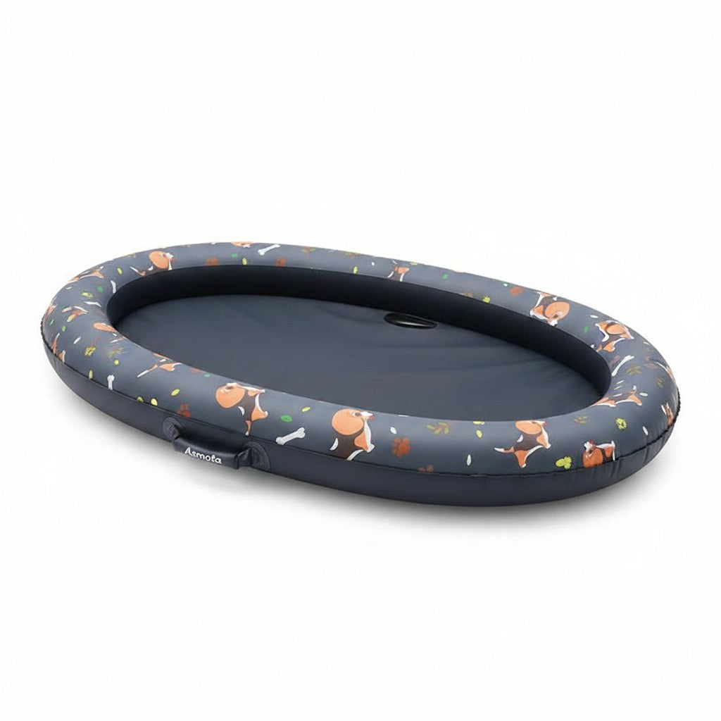 Asmota inflatable dog swimming pool float with a dark blue base and a cute beagle and bone pattern on the rim